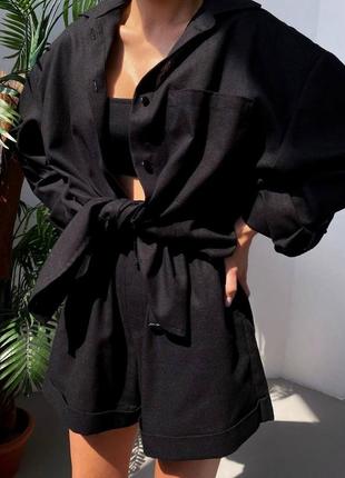 Черный костюм из натурального льна xs s m l 42 44 46 48 комплект двойка оверсайз + шорты