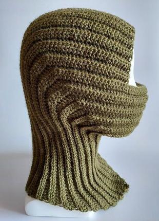 Теплая зеленая балаклава вязаная крючком из шерсти, зимняя спортивная шапка, лыжная шапка-маска хаки6 фото