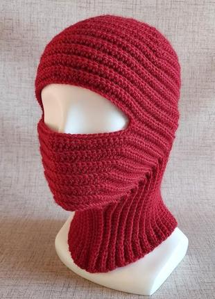 Червона вовняна балаклава в'язана гачком, зимова спортивна шапка-шолом, стильна лижна маска3 фото