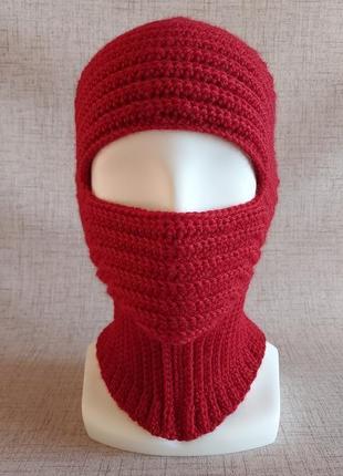 Червона вовняна балаклава в'язана гачком, зимова спортивна шапка-шолом, стильна лижна маска4 фото