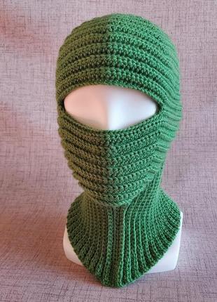 В'язана гачком ергономічна зелена балаклава, зимова спортивна шапка, тепла лижна маска з вовни3 фото