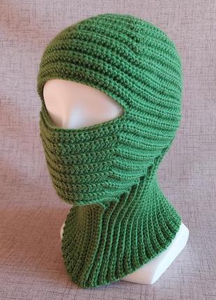 В'язана гачком ергономічна зелена балаклава, зимова спортивна шапка, тепла лижна маска з вовни2 фото