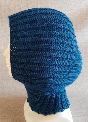 Хендмейд синій жіночий шарф-капюшон в'язаний гачком з вовни, стильна зимова шапка-трансформер8 фото