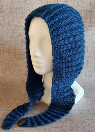 Хендмейд синій жіночий шарф-капюшон в'язаний гачком з вовни, стильна зимова шапка-трансформер5 фото
