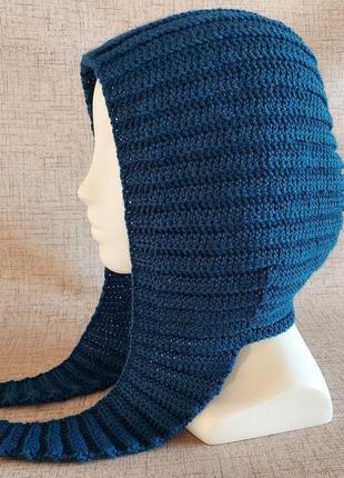Хендмейд синій жіночий шарф-капюшон в'язаний гачком з вовни, стильна зимова шапка-трансформер2 фото