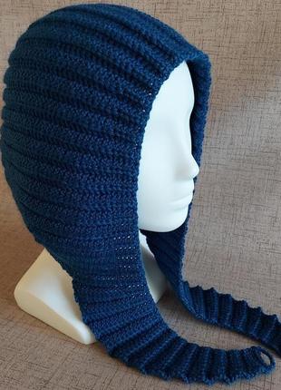 Хендмейд синій жіночий шарф-капюшон в'язаний гачком з вовни, стильна зимова шапка-трансформер3 фото