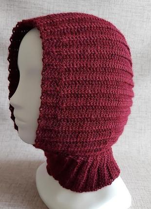 Хендмейд в'язаний гачком вовняний шарф-капюшон, тепла жіноча шапка-капор ручної роботи2 фото