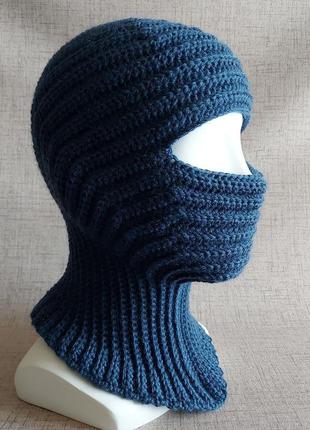 Хендмейд синяя вязаная шерстяная балаклава, эргономичная лыжная шапка-маска, спортивная шапка-шлем2 фото