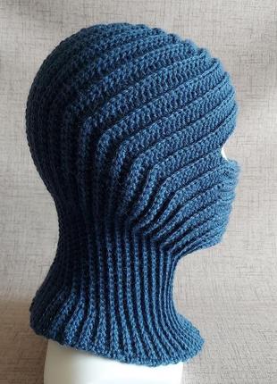 Хендмейд синя в'язана вовняна балаклава, ергономічна лижна шапка-маска, спортивна шапка-шолом8 фото