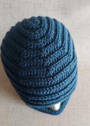 Хендмейд синя в'язана вовняна балаклава, ергономічна лижна шапка-маска, спортивна шапка-шолом10 фото