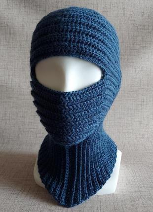 Хендмейд синя в'язана вовняна балаклава, ергономічна лижна шапка-маска, спортивна шапка-шолом3 фото