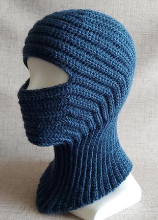 Хендмейд синяя вязаная шерстяная балаклава, эргономичная лыжная шапка-маска, спортивная шапка-шлем4 фото