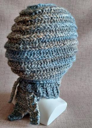 Хендмейд теплая зимняя вязаная крючком шапка-платок, шапка-шарф, капор-капюшон женский в ретро стиле8 фото