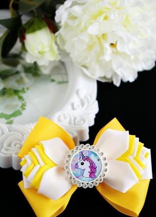 Красивий великий жовтий бантик для волосся "єдиноріг" для доньки на випускний в дитячий сад.