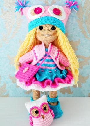 Вязаная эко-кукла в розовом платье с совой. подарок дочке. вязаная мягкая игрушка для племянницы.1 фото