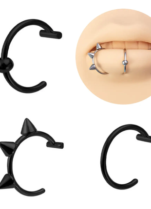 Набор 3в1. каффа на губу. пирсинг муляж, кольцо обманка черный