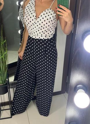 👗отличный чёрно-белый комбез в горох/комбез в горошек с декольте/брючный комбинезон👗