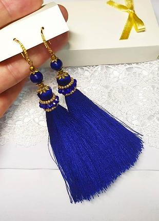 Серьги кисти вискозные синие 2