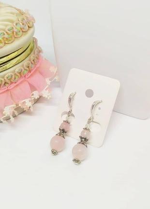 Сережки підвіски з натуральним каменем рожевим кварцем
