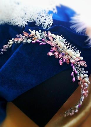 Лотос веточка гребень заколка нюдовый розовый пудровый жемчуг праздничное украшение выпускной невест2 фото