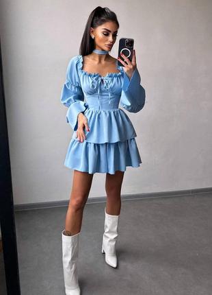 Премиальное голубое кукольное мини платье с воланами шнуровкой на спине и чокером xs s m 42 44 468 фото