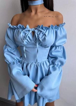 Премиальное голубое кукольное мини платье с воланами шнуровкой на спине и чокером xs s m 42 44 465 фото