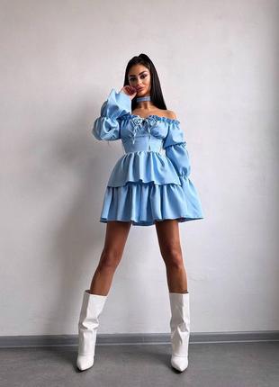 Премиальное голубое кукольное мини платье с воланами шнуровкой на спине и чокером xs s m 42 44 467 фото