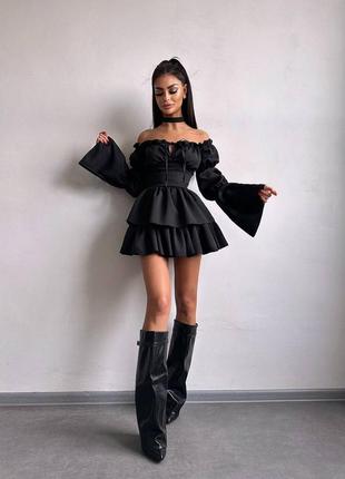 Чорне преміальне лялькове міні плаття з воланми шнурівкою на спині та чокером xs s m 42 44 46 пишне коротке міна плаття чорний2 фото
