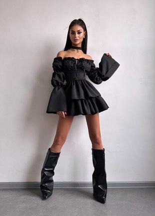 Чорне преміальне лялькове міні плаття з воланми шнурівкою на спині та чокером xs s m 42 44 46 пишне коротке міна плаття чорний6 фото