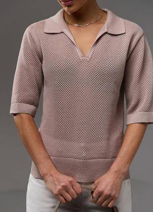Футболка поло женская тонкий трикотажный джемпер сетка ажурная футболка с воротником поло хлопок вискоза4 фото