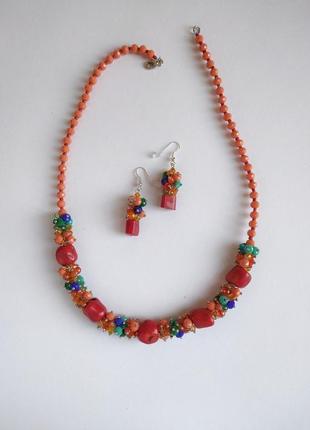 Комплект корал намисто та сережки в українському стилі