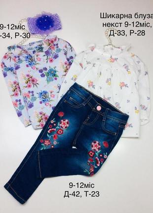 Реглан, блузка, джинсы (скинни) с вышивкой 9-12мис, цена за кофтину