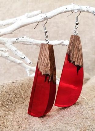 Длинные деревянные серьги-подвески с эпоксидной смолой, красные серьги - подарок девушке