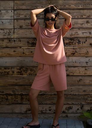 Женский летний прямой,свободный костюм с высокой посадкой. шорты и футболкой. розовый s-m3 фото