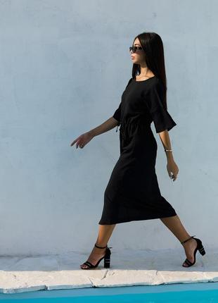 Женское летнее свободное платье ниже колена, с рукавами по локоть, с разрезом спереди. черное  s-m4 фото