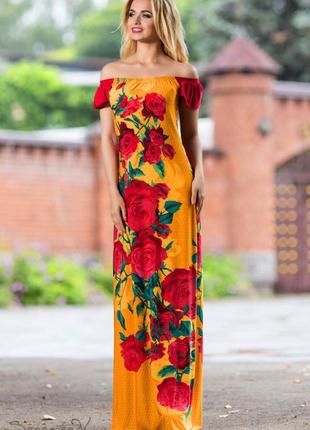 Літнє плаття-сарафан у підлогу з відкритими плечима та великими квітами. гірчична, помаранчева s-m