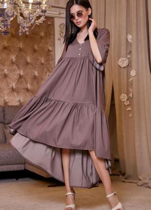 Платье-юбка с короткими рукавами, свободное с асимметричным подолом. летнее.пепельно-коричневое, s-m1 фото