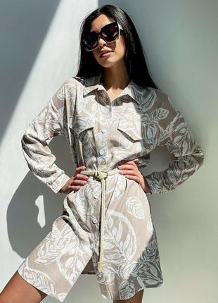 Женское платье-рубашка из льна с лиственным рисунком. бежевый с белым s-m3 фото
