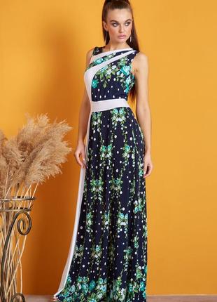 Необычное летнее платье в пол, без рукавов, из трикотажа. синее с белым. цветочный принт. s-m4 фото