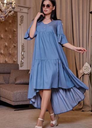 Платье-юбка с короткими рукавами, свободное с асимметричным подолом. летнее. голубое s-m3 фото