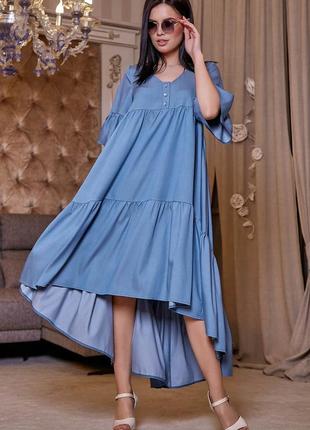 Платье-юбка с короткими рукавами, свободное с асимметричным подолом. летнее. голубое s-m5 фото
