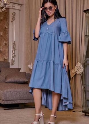 Платье-юбка с короткими рукавами, свободное с асимметричным подолом. летнее. голубое s-m2 фото