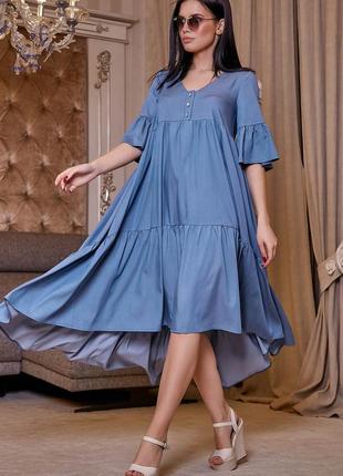Платье-юбка с короткими рукавами, свободное с асимметричным подолом. летнее. голубое s-m4 фото