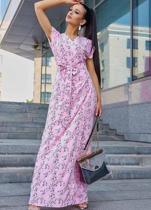Летнее длинное платье в пол на запах с цветочным принтом, прямое. розовое s3 фото