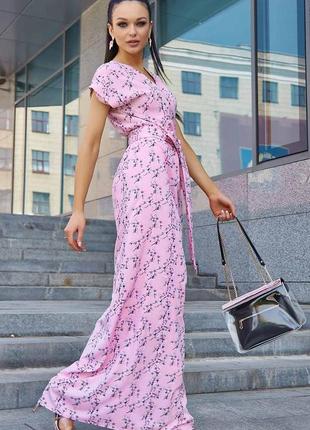 Летнее длинное платье в пол на запах с цветочным принтом, прямое. розовое s4 фото