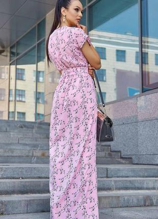 Летнее длинное платье в пол на запах с цветочным принтом, прямое. розовое s5 фото