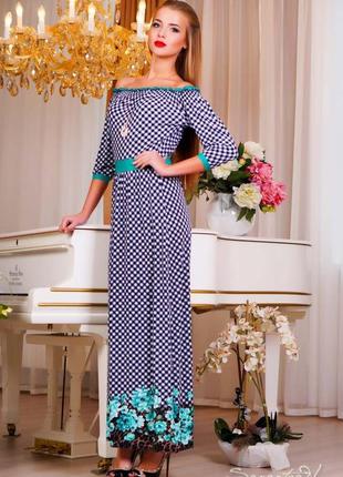 Летнее платье в пол, длинное, рукава три четверти. принт шахматка с цветами. синее s-m1 фото