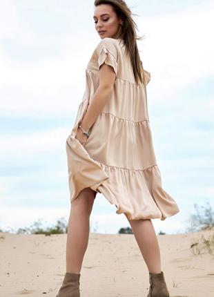 Летнее женское льняное платье из оборок, свободное, широкое как юбка. короткие рукава. бежевое  s-m7 фото