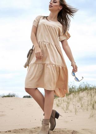 Летнее женское льняное платье из оборок, свободное, широкое как юбка. короткие рукава. бежевое  s-m6 фото