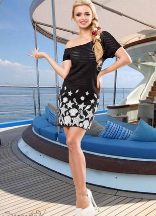 Летнее короткое платье мини выше колена трикотажное с морским принтом. черное xl2 фото